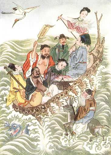 Illustration de livre de 1922 montrant les Huit Immortels traversant la mer, tirée de Myths and Legends of China de Werner.